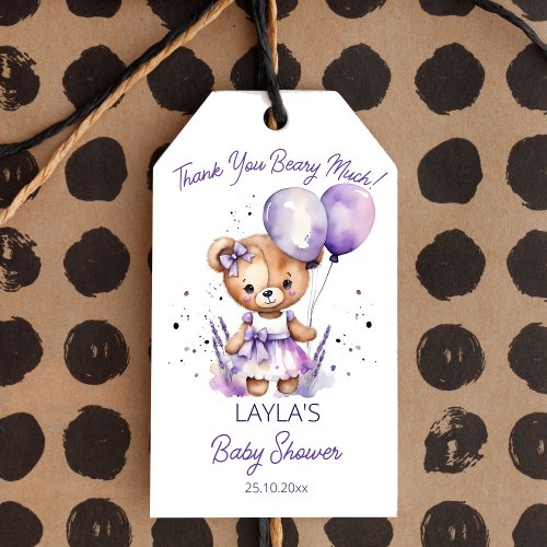Beary teddy bear purple baby shower thank you favo gift tags