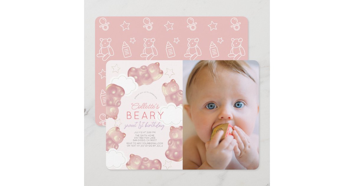 Beary Wait Pink Gummy Bear Girl 1st Birthday Invitation | Zazzle
