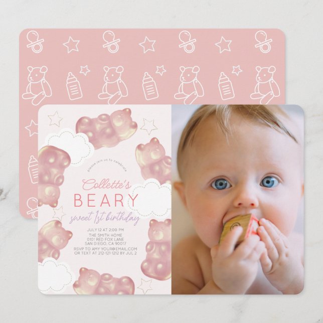 Beary Wait Pink Gummy Bear Girl 1st Birthday Invitation (Front/Back)