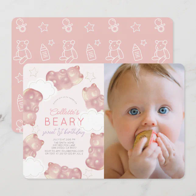 Beary Wait Pink Gummy Bear Girl 1st Birthday Invitation | Zazzle
