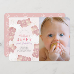 Beary Wait Pink Gummy Bear Girl 1st Birthday Invitation