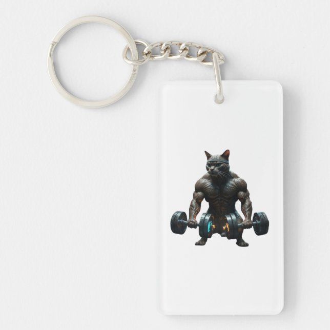 Beast Mode Muscular Gym Cat Keychain (Front)