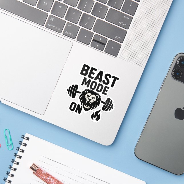  Beast Mode On – Roaring Lion Motivational Gym  Sticker (Laptop w/ iPhone)