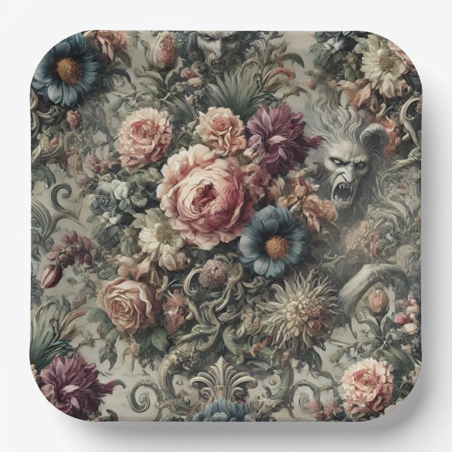 Beast of the Interstice – Gothic Floral Design Paper Plates (Front)