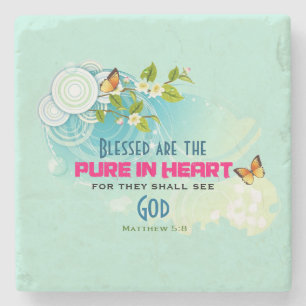 Beatitude Quote with Butterflies and Blossoms Stone Coaster
