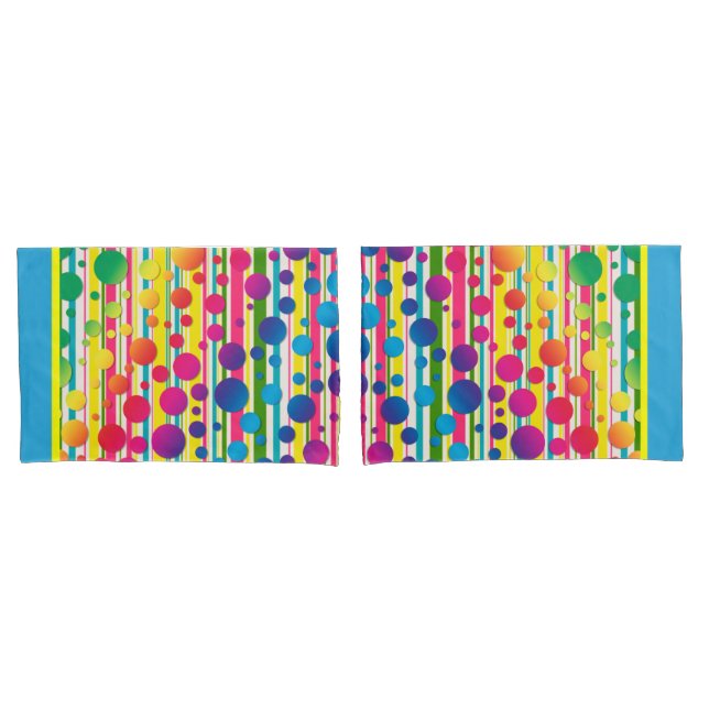 [Beatnik Bubbles] Retro Polka Dot Stripe Blue Pillow Case (Front-Set)