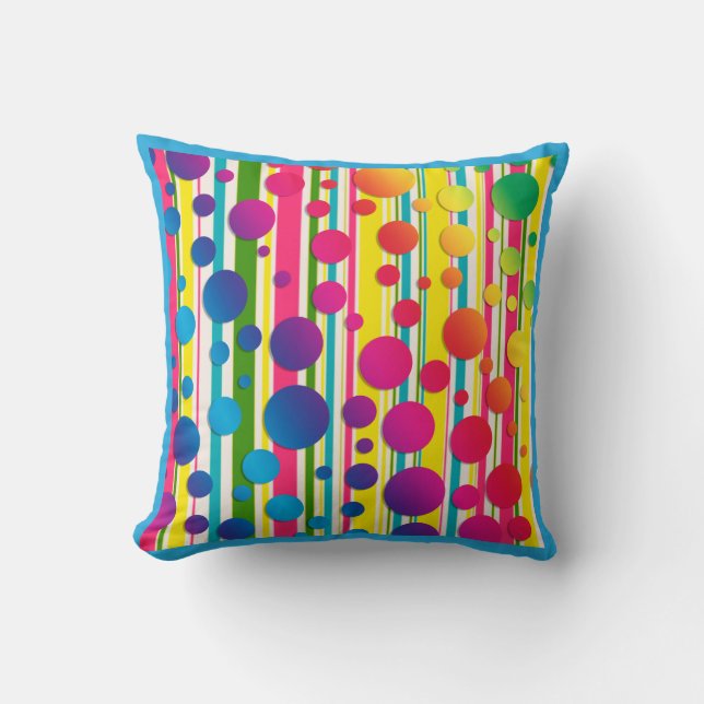 [Beatnik Bubbles] Retro Polka Dot Striped Blue Throw Pillow (Front)