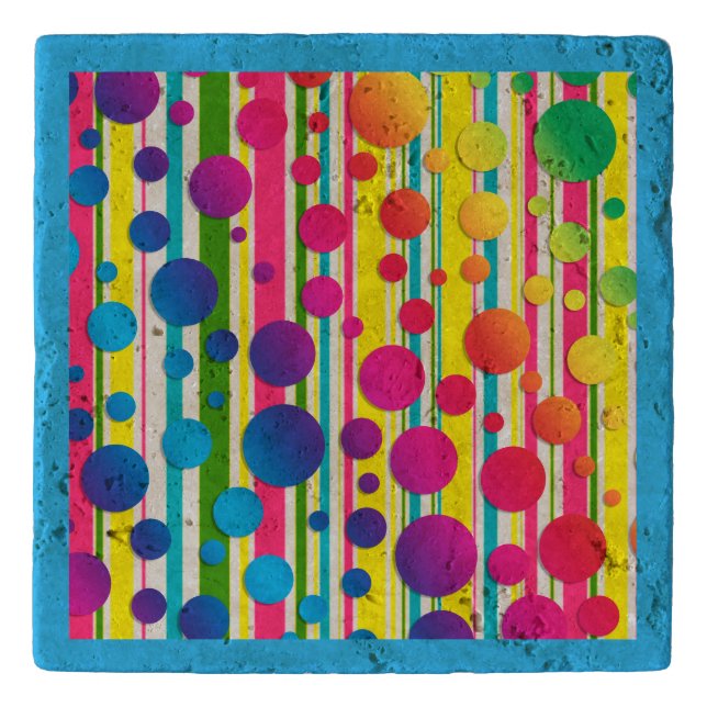 [Beatnik Bubbles] Retro Polka Dot Striped Blue Trivet (Front)