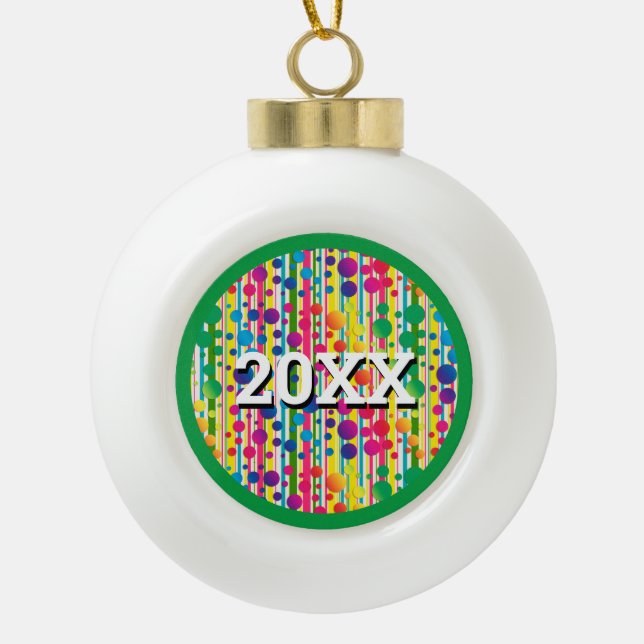 [Beatnik Bubbles] Retro Polka Dot Striped Green Ceramic Ball Christmas Ornament (Front)