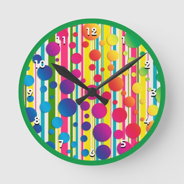[Beatnik Bubbles] Retro Polka Dot Striped Green Round Clock (Front)