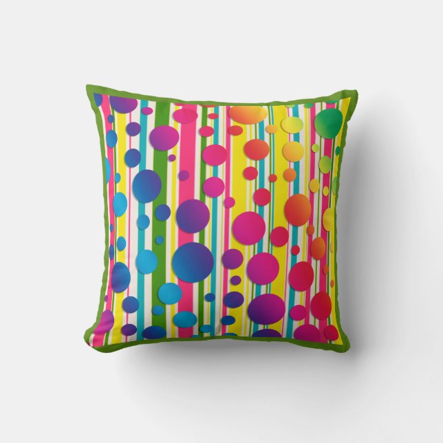 [Beatnik Bubbles] Retro Polka Dot Striped Green Throw Pillow (Front)