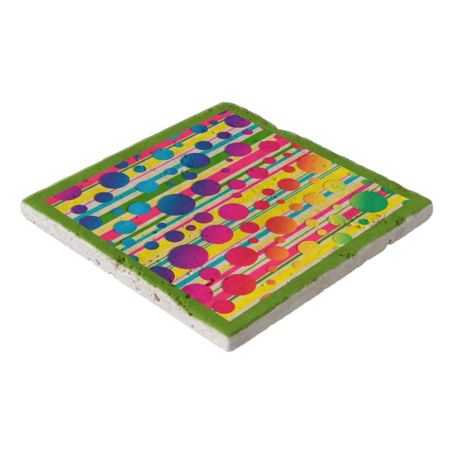 [Beatnik Bubbles] Retro Polka Dot Striped Green Trivet (Corner)