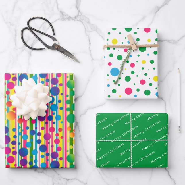 [Beatnik Bubbles] Retro Polka Dot Striped Green Wrapping Paper Sheets (Front)