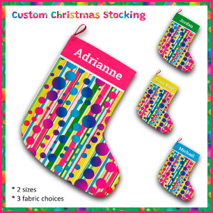 [Beatnik Bubbles] Retro Polka Dot Striped Pink Large Christmas Stocking