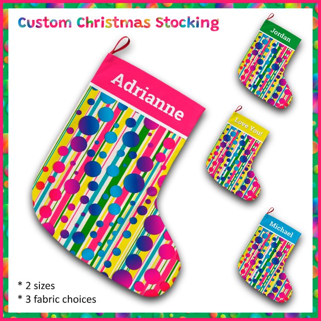 [Beatnik Bubbles] Retro Polka Dot Striped Pink Large Christmas Stocking (Select from the four pre-set colors or use the Design Editor to choose any color you want. )