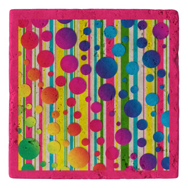 [Beatnik Bubbles] Retro Polka Dot Striped Pink Trivet (Front)
