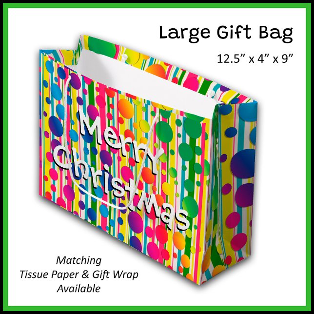 [Beatnik Bubbles] Retro Polka Dot Striped Rainbow Large Gift Bag (A fun, modern design for  a colorful Christmas party. )