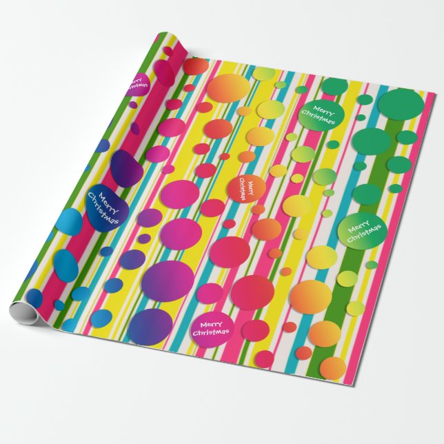 [Beatnik Bubbles] Retro Polka Dot Striped Rainbow Wrapping Paper (Unrolled)