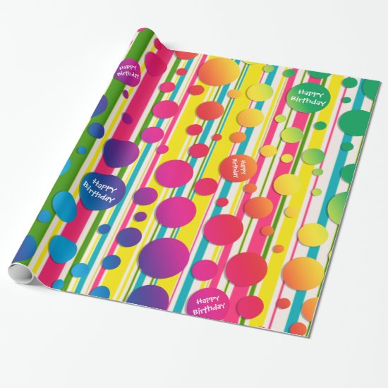 [Beatnik Bubbles] Retro Polka Dot Striped Rainbow Wrapping Paper