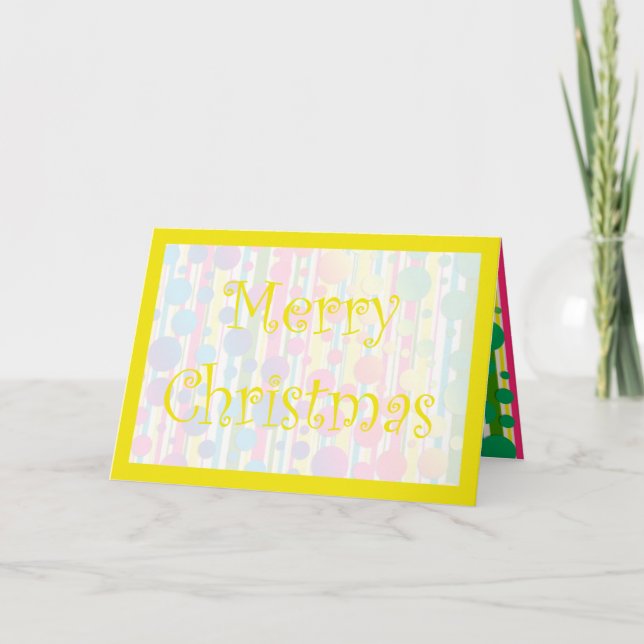 [Beatnik Bubbles] Retro Polka Dot Striped Yellow Holiday Card (Front)