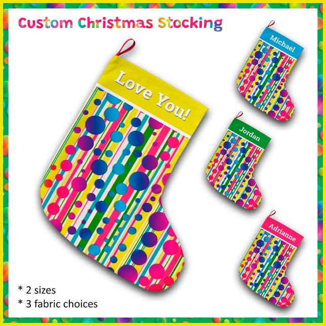 [Beatnik Bubbles] Retro Polka Dot Striped Yellow Large Christmas Stocking (Customize the front and back text. )