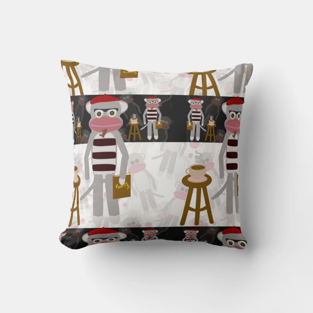 Beatnik Sock Monkey Poetry Party Fun Cartoon Art Throw Pillow (Front)