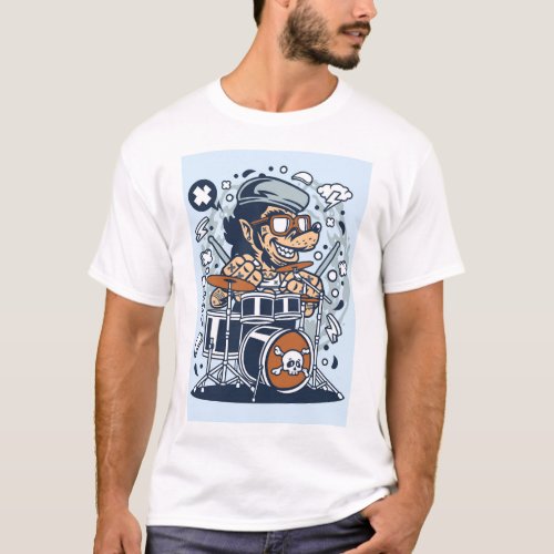 Beatnik Wolf on Drums Pop Art T_Shirt