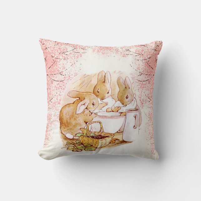 Beatrix Potter Bunnies, Baby Shower, Pink, Custom Throw Pillow (Front)