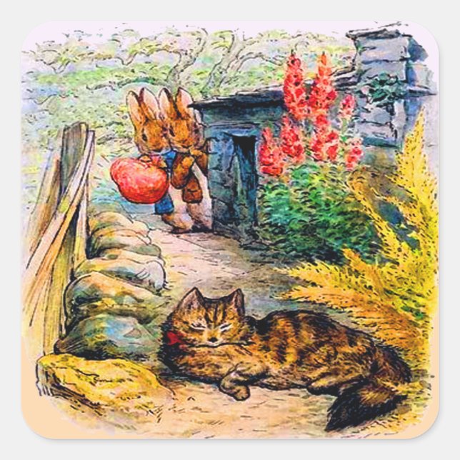 Beatrix Potter - Bunnies Watching the Cat Square Sticker (Front)