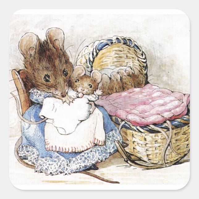 Beatrix Potter, Mother Mouse, Hunca Munca, Custom Square Sticker (Front)