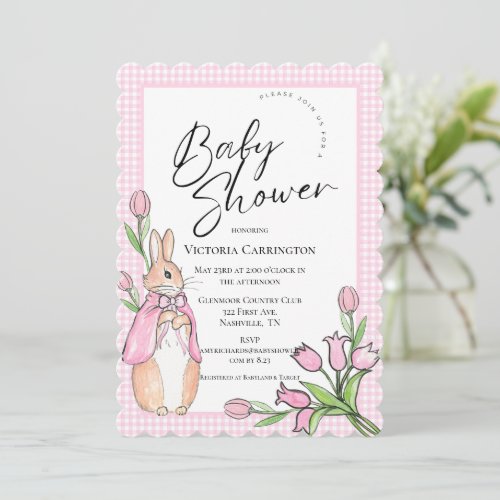 Beatrix Potter Pink Gingham Baby Shower Invitation