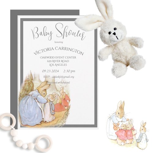 Beatrix Potter Watercolor Gray Baby Boy Shower Invitation