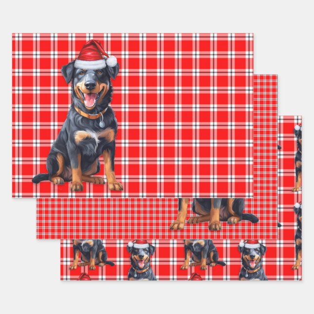 Beauceron Christmas Dog Red Holiday Plaid Wrapping Paper Sheets (Set)