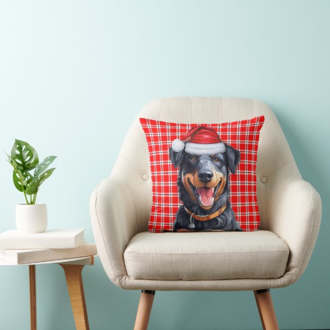 Beauceron Dog Red Holiday Plaid Christmas Throw Pillow (Chair)