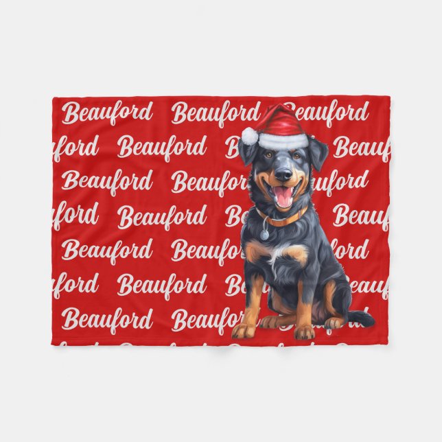 Beauceron on Red with Name Christmas Dog Fleece Blanket (Front (Horizontal))