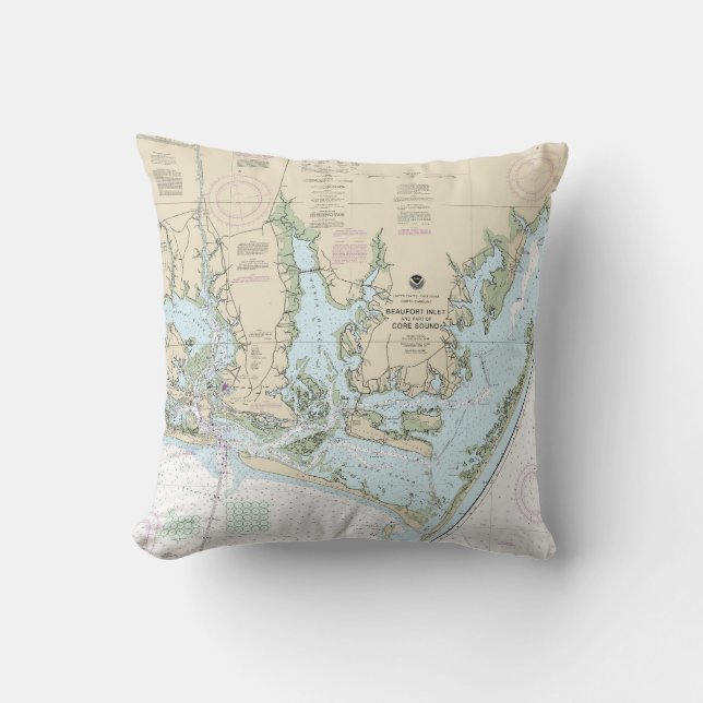 Beaufort Inlet and Part of Core Sound Chart Throw Pillow (Front)