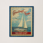 Beaufort Jigsaw Puzzle Sailboat Vintage NC<br><div class="desc">This Greetings From Beaufort North Carolina vintage travel nautical design features a boat sailing on the water with seagulls and a blue sky filled with gorgeous puffy white clouds.</div>