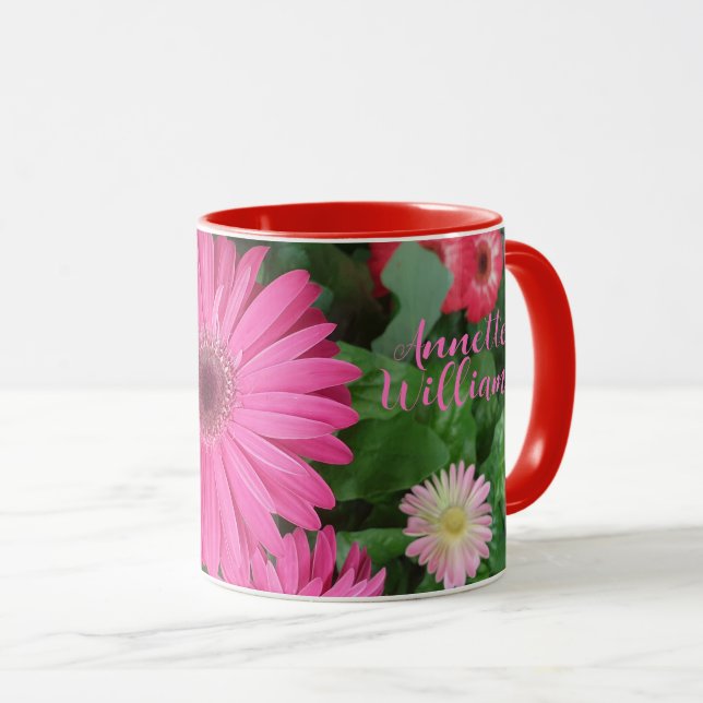 BEAUITFUL PINK RED GERBERA FLOWERS FLORAL AND NAME MUG (Front Right)