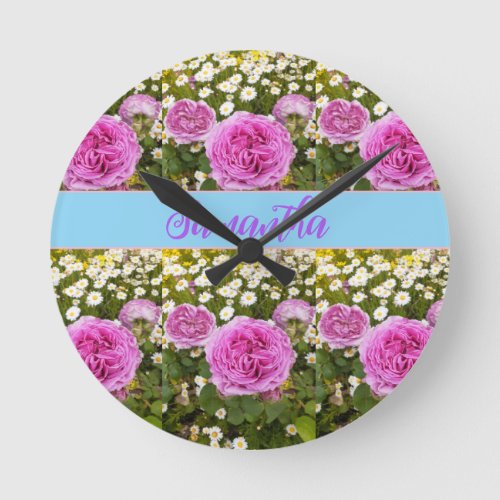 Beauitful Pink Roses and Daisies Floral Round Clock