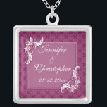 Beaujolais Damask and Floral Frame Wedding Silver Plated Necklace<br><div class="desc">A vintage style design for your upcoming nuptials featuring a subtle damask pattern on a beaujolais pink background. The text is surrounded by a rectangular frame with a floral swirl in two of the corners with a raised printed effect. The text is fully customizable for your own special occasion. The...</div>