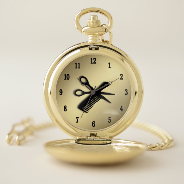 Beautician / Barber Design Gold with Black Numbers Pocket Watch (Inside)