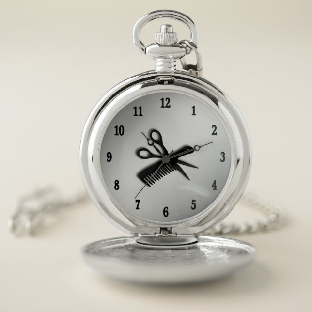 Beautician / Barber Design Silver Black Numbers Pocket Watch (Inside)