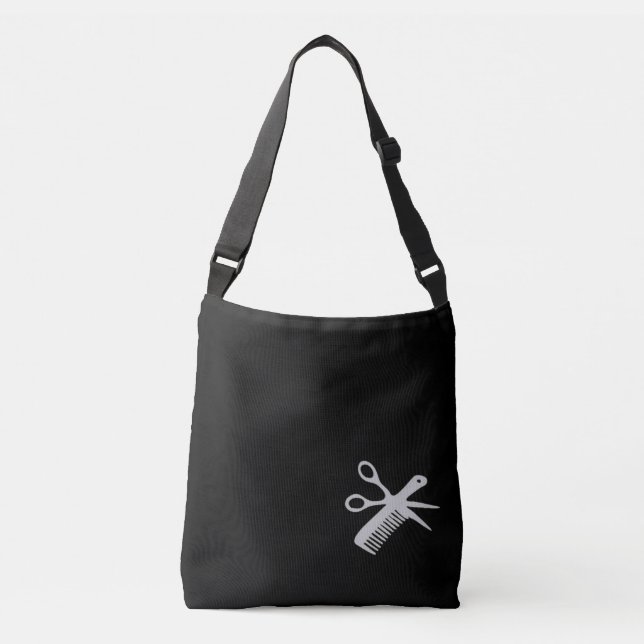 Beautician / Barber Design Silver on Black Name Crossbody Bag (Front)