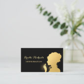 Beautician Black and Faux Gold Woman Makeup Artist Business Card (Standing Front)