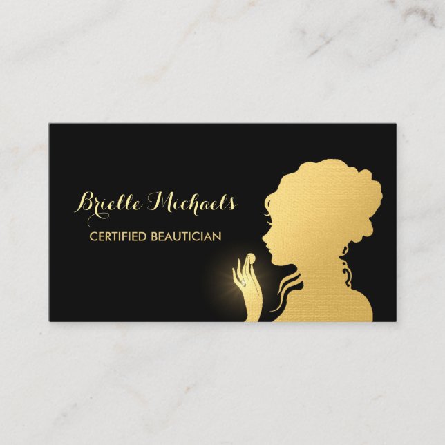Beautician Black and Faux Gold Woman Makeup Artist Business Card (Front)
