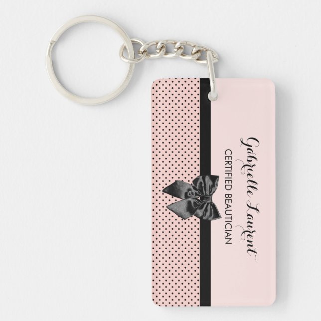 Beautician Chic Parisian Pink Polka Dots Black Bow Keychain (Front)