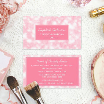 Beautician Elegant Pink Bokeh Beauty Salon Business Card by GirlyBusinessCards at Zazzle