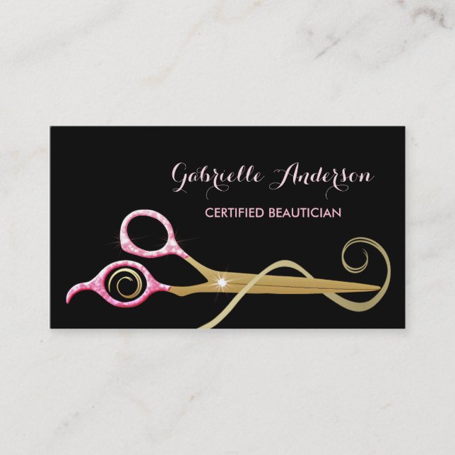 Beautician Pink and Black FAUX Glitz Scissors Business Card (Front)