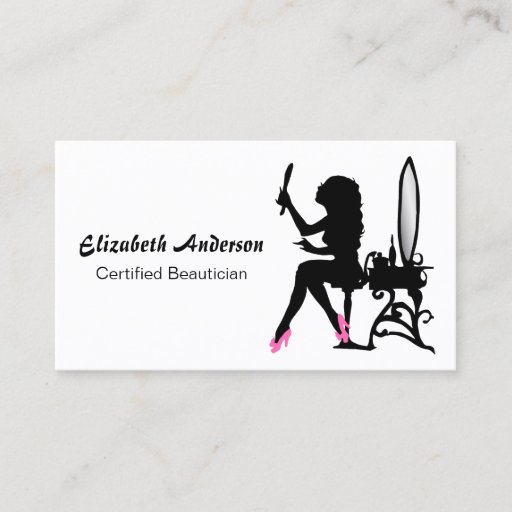 Customizable Beautician Pink and Black Girly Girl Hair Stylist Business Card Template