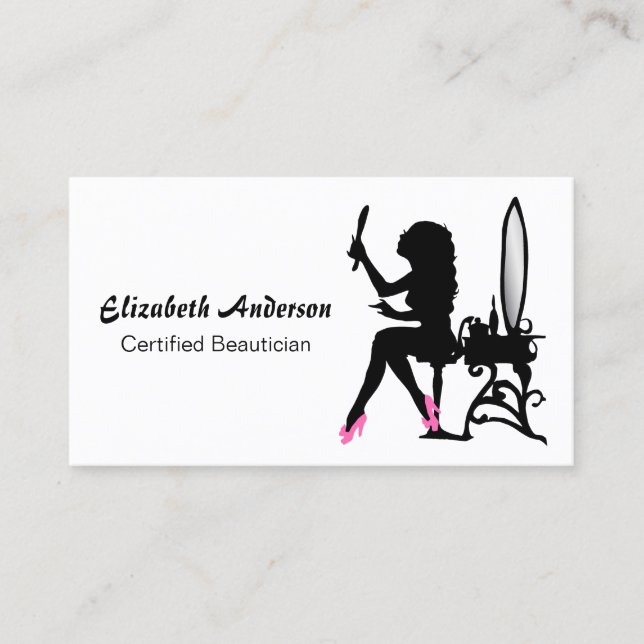 Beautician Pink and Black Girly Girl Hair Stylist Business Card (Front)